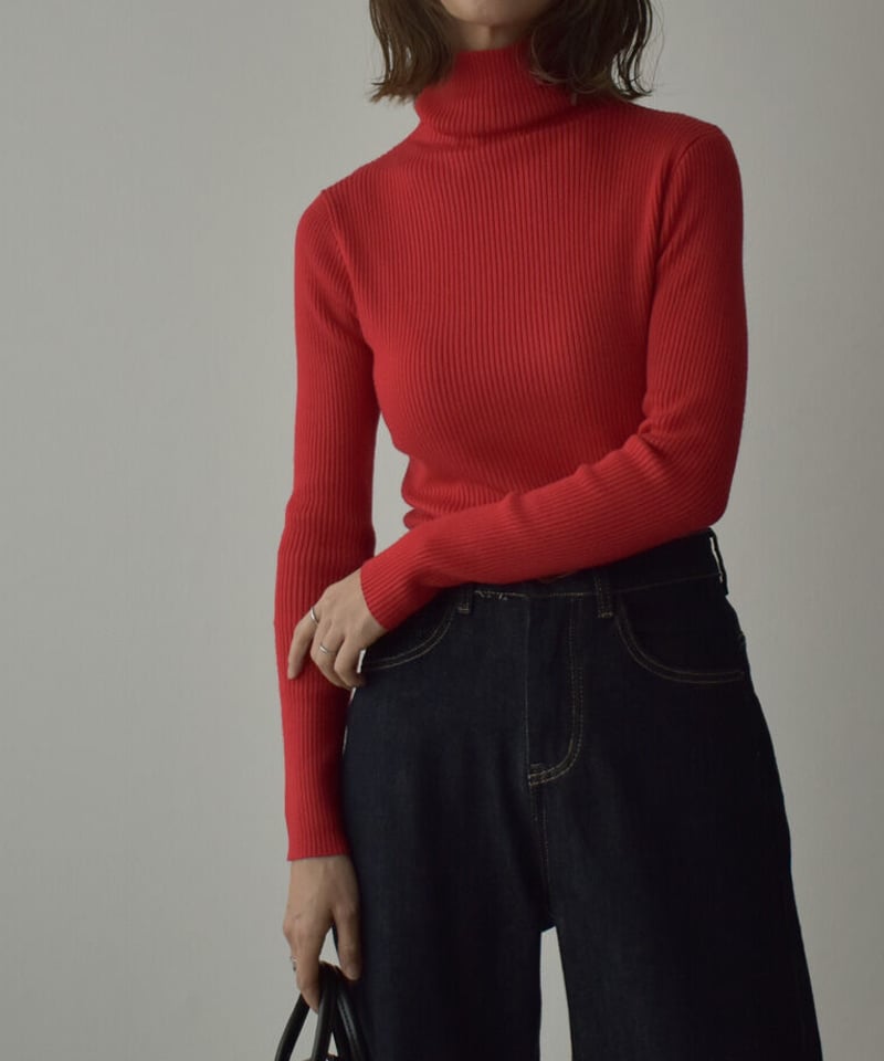 knit-02216 ウール混リブタートルネックニット レッド ブラック | L 