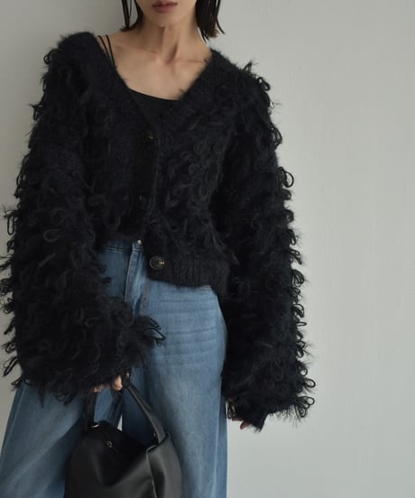 knit-02259　 ループボリュームショートカーディガン　モカ　ブラック