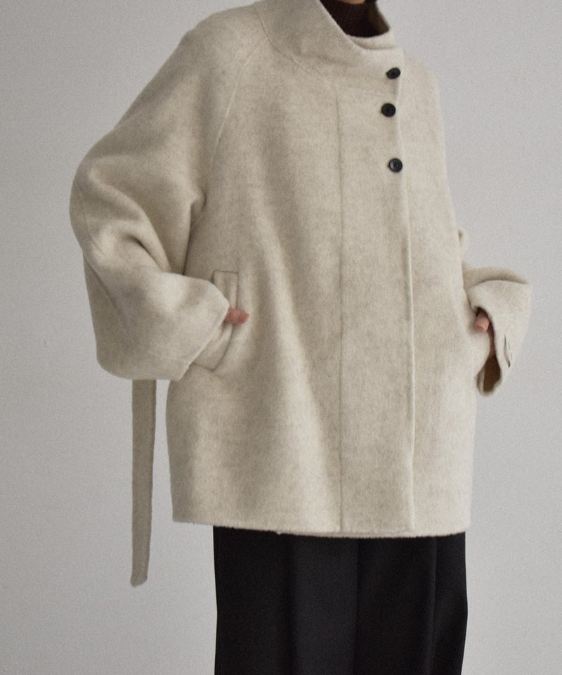 coat-02062 ラグランスリーブ スタンドカラー ウール ミディ コート