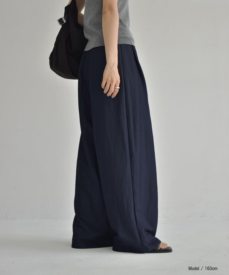 OkayThxBye*日本未入荷*カーブスプリット ワイドレッグパンツ bottoms-02294 バックゴム ツータック ワイドパンツ ネイビー