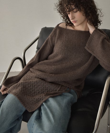 knit-02355　ラップクロシェニット付 ボートネック ニット プルオーバー　ライトグレー　チャコール　ブラウン