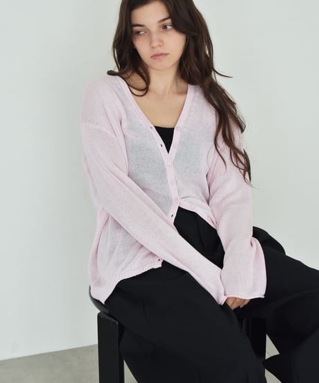 knit-02378　リネン混　メッシュ ニット カーディガン　エクリュ　ピンク　ブルー　グレー　ネイビー
