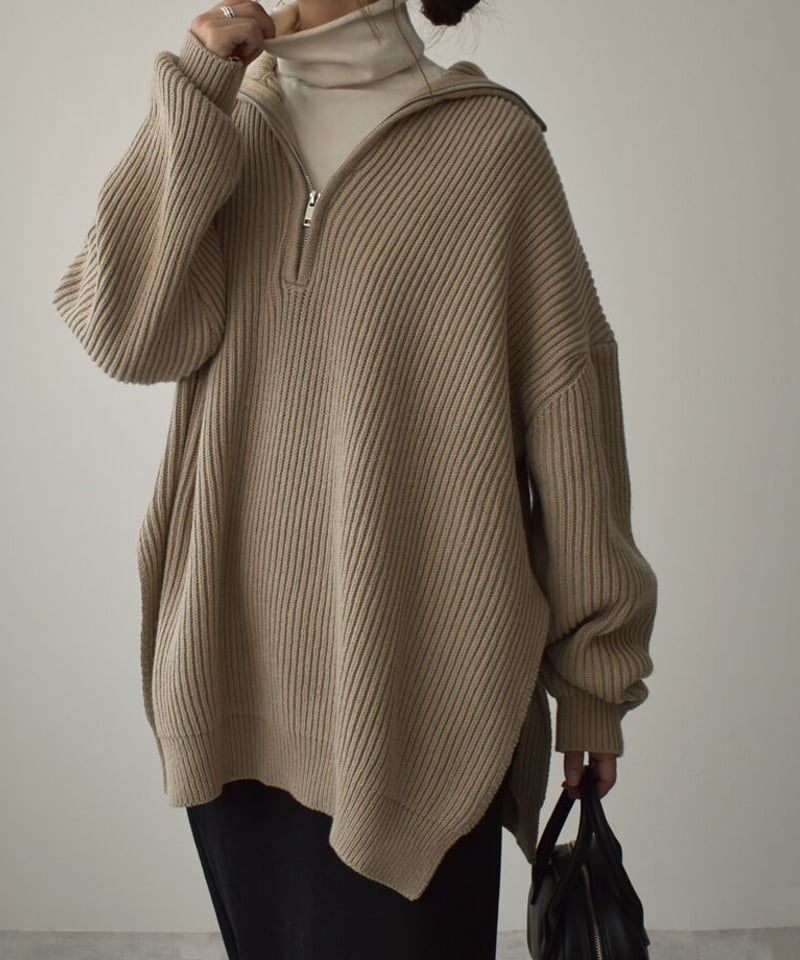 knit-02171 サイドスリット ハーフジップニット ベージュ knit-02171 サイドスリット ハーフジップニット ベージュ