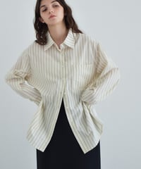 tops-02605　ベルトデザイン ストライプ シャツ　エクリュ　ブラウン