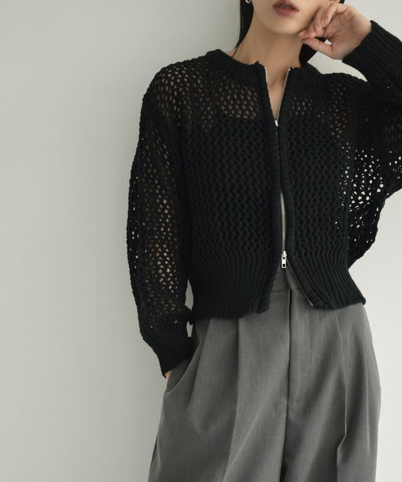 knit-02264 メッシュ ニット カーディガン モカ ブラック | L