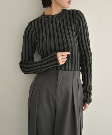 knit-02313　バイカラー コットン リブ ニット　ブラウン　ブラック