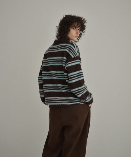 knit-02368　ポロカラー ボーダー ニット　グレー　ブラウン