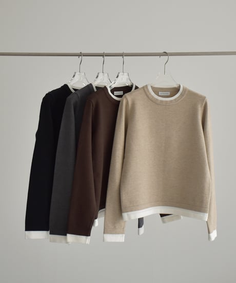 knit-02369　クルーネック レイヤード調 ニット トップス　ベージュ　ブラウン　グレー　ブラック
