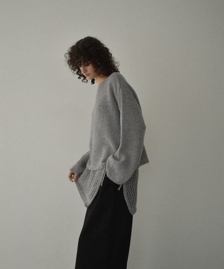 knit-02355　ラップクロシェニット付 ボートネック ニット プルオーバー　ライトグレー　チャコール　ブラウン