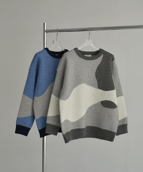 knit-02315　ニュアンス柄 配色 クルーネック ニット　グレー　ブルー