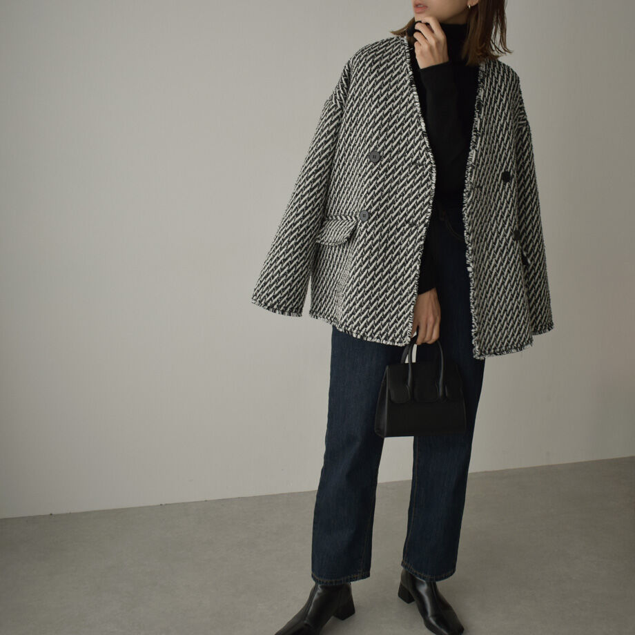 outer-02052 オーバーサイズ フリンジツイードジャケットコート | L