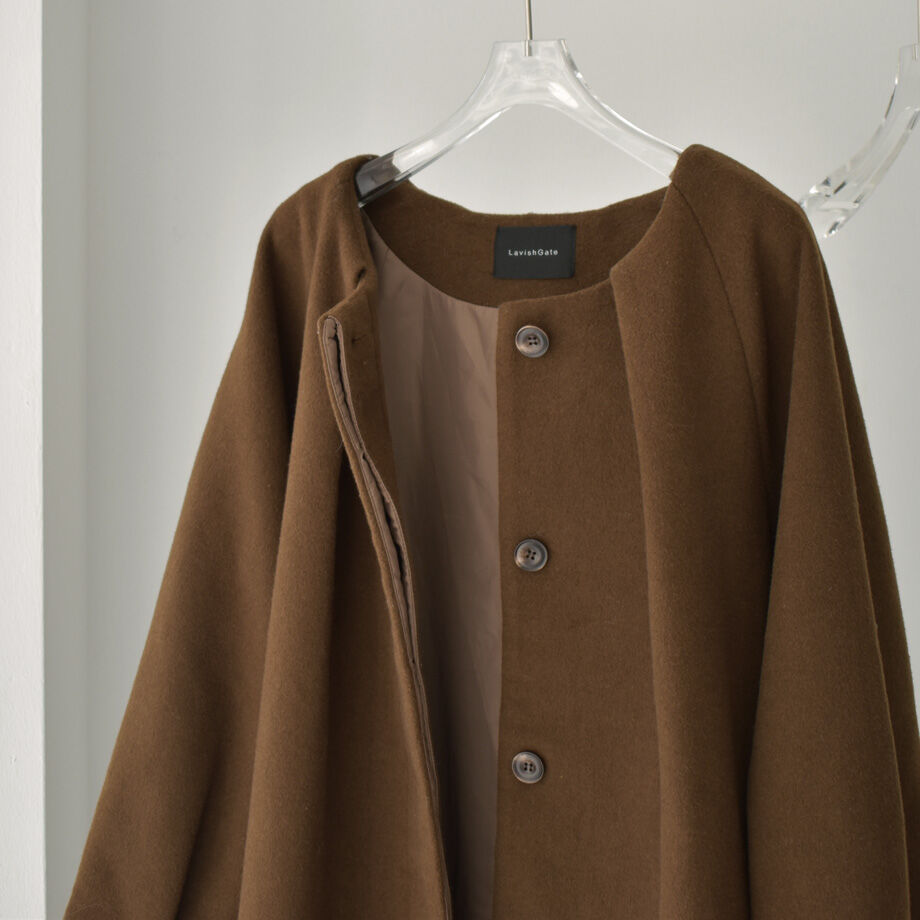 coat-13010 タックノーカラー ウール ミディコート モカ | L