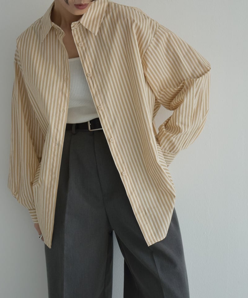 tops-02453 オーバーサイズ ストライプシャツ キャメル | L tops-02453 オーバーサイズ ストライプシャツ キャメル | L