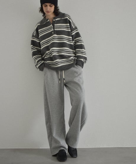 knit-02368　ポロカラー ボーダー ニット　グレー　ブラウン