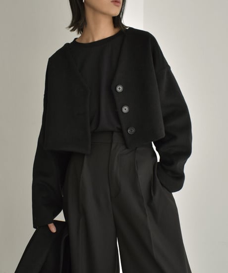 coat-13008　ストール付き　ウール ショートコート　モカ　ブラック