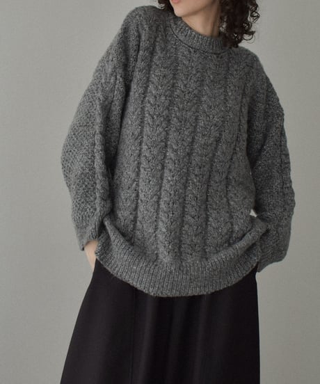 knit-02362　ミックスケーブルニットプルオーバー　グレー