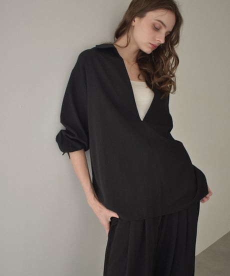 tops-12012　スキッパーシャツ 《セットアップ可能》　モカベージュ　ブラック