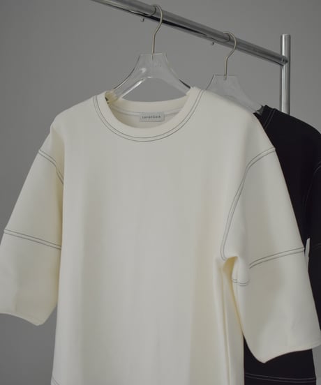 tops-02474　ステッチデザイン ダンボール プルオーバー　ホワイト　ブラック