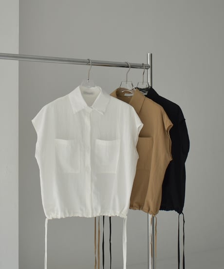 tops-02548　ドロストデザイン フレンチスリーブ シャツ　ホワイト　ベージュ　ブラック