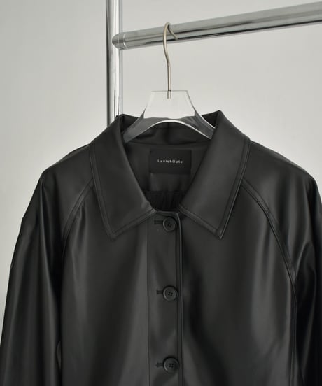 jacket-02025　フェイクレザー ミディ コート　ブラック