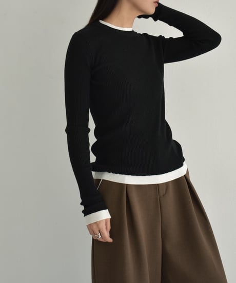 knit-02296　レイヤードライク バイカラーニット トップス　ブラウン　ブラック