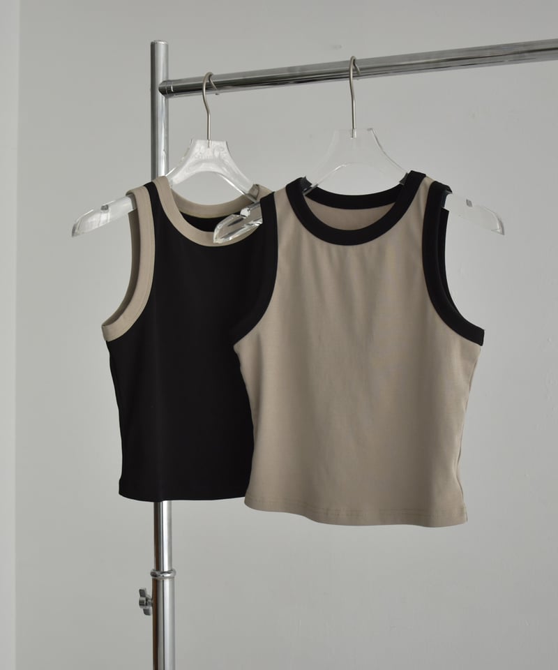 nh-tops-02561 バイカラー クロップド タンクトップ カーキベージュ