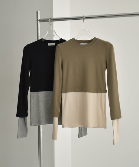tops-02457　バイカラー フェイク レイヤード トップス　カーキ　ブラック