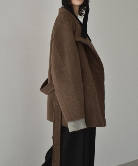coat-02062　ラグランスリーブ スタンドカラー ウール ミディ コート リバー仕立て　エクリュ　ブラウン