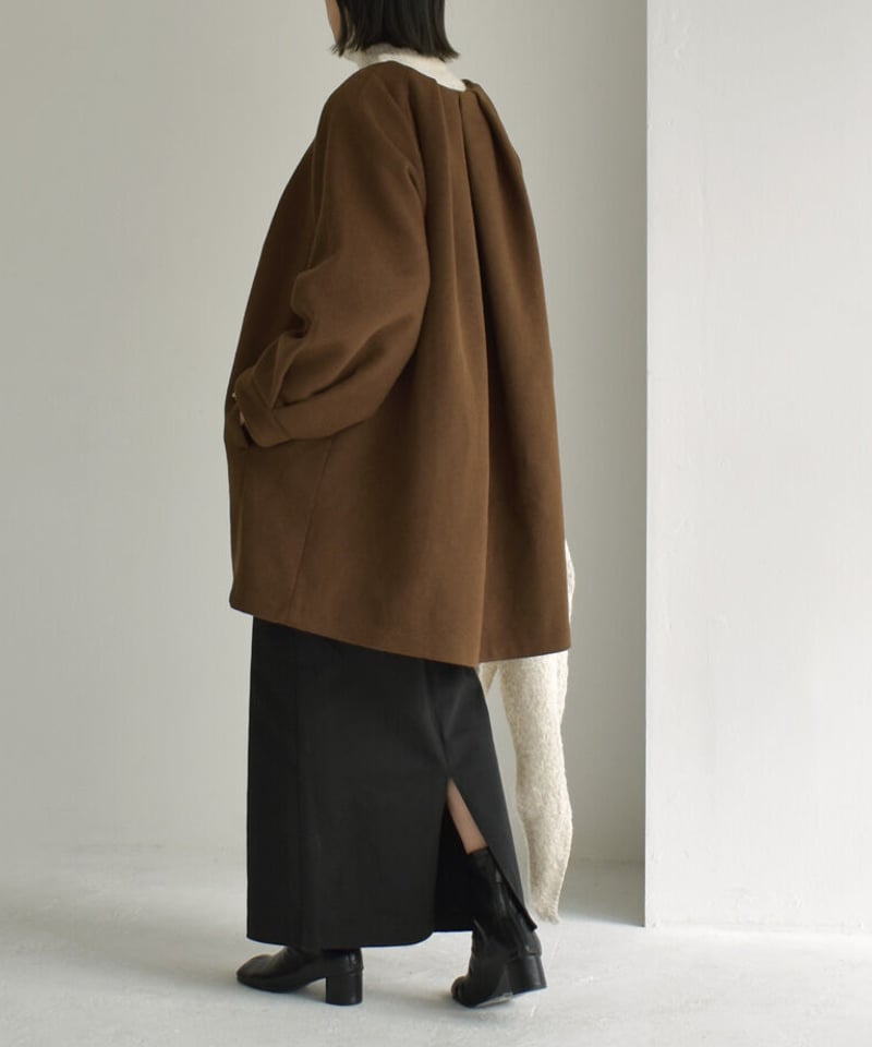極美品✨45R ウールアルパカ縮絨コート ノーカラー ダブル ブラウン 茶色 M 45R（フォーティファイブアール）の「ウールアルパカ縮絨コート