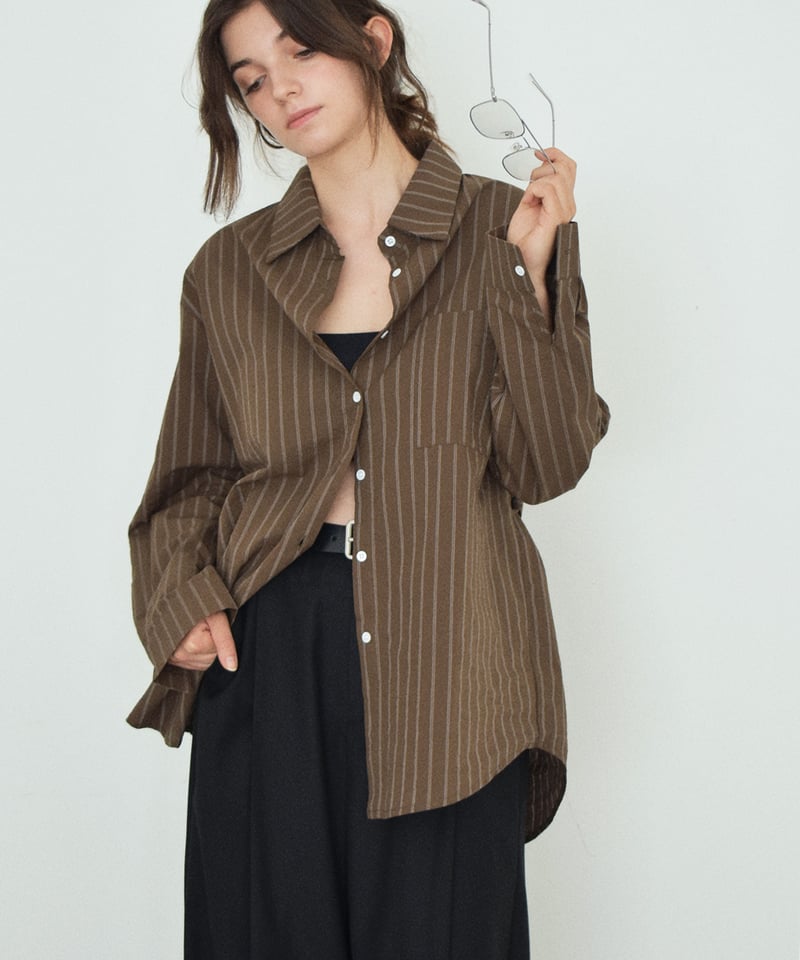 tops-02605 ベルトデザイン ストライプ シャツ エクリュ ブラウン | L