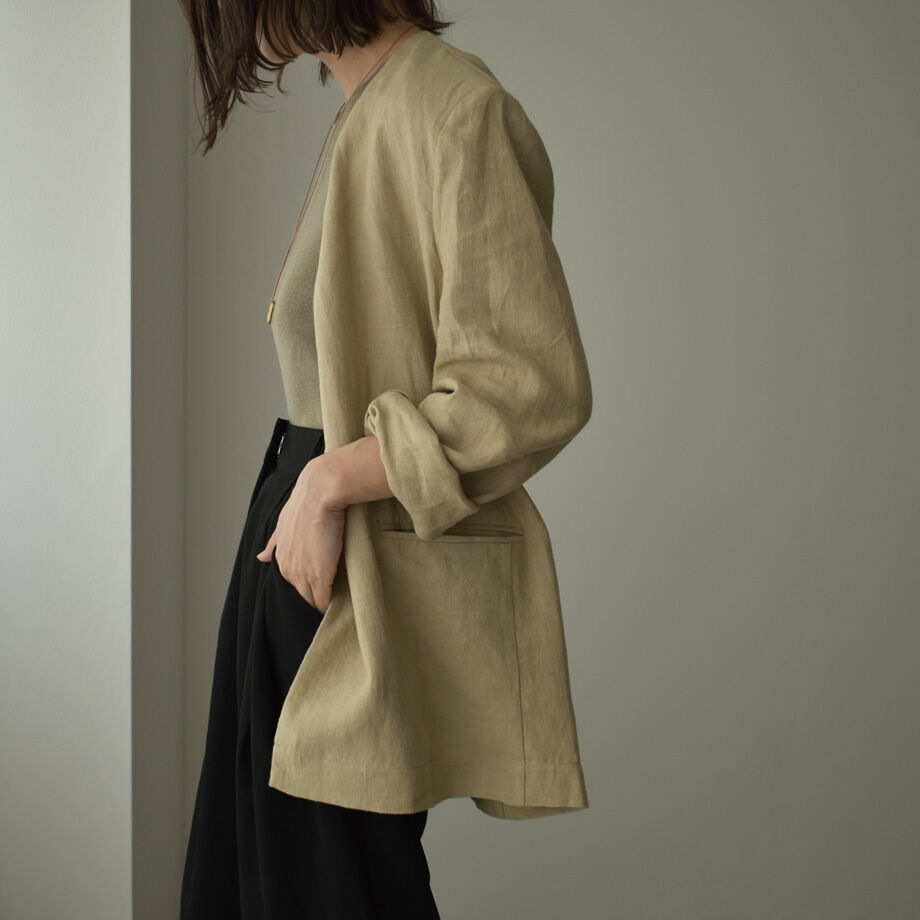 jacket-02009 ナチュラルリネン ノーカラージャケット キナリ jacket-02009 ナチュラルリネン ノーカラージャケット キナリ