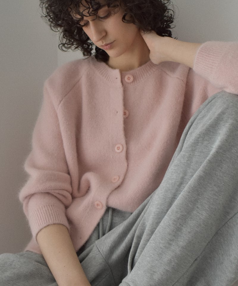 knit-02370 アルパカ混 クルーネック ニット カーディガン ピンク