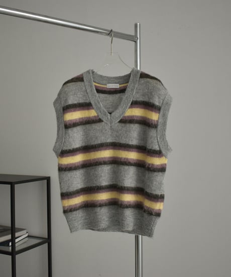 knit-02247　モヘア混 マルチボーダー Vネック ニットベスト