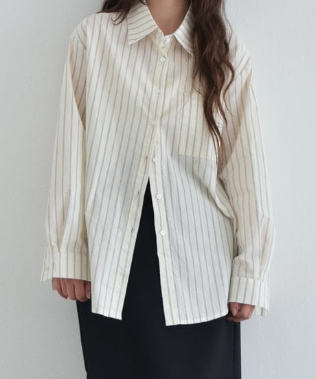 tops-02605　ベルトデザイン ストライプ シャツ　エクリュ　ブラウン