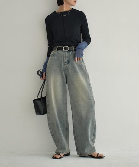 tops-04152　日本製　シアースリーブ プルオーバー　エクリュ　ベージュ　ダークネイビー