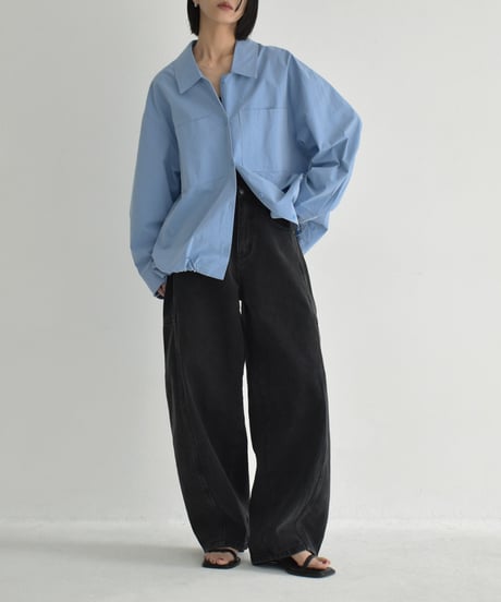 tops-02519　ドローストリングオーバーサイズシャツ　ホワイト　ブルー
