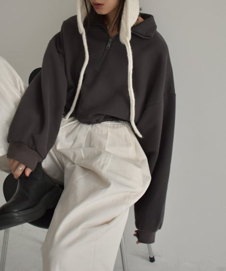 tops-02450　裏起毛クロップドハーフジップスウェット　グレー　チャコール　ブラック