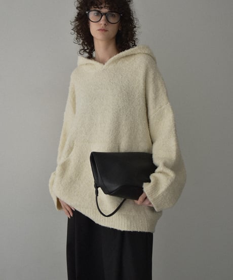 knit-02350　ブークレ フードニットプルオーバー　エクリュ　グレー