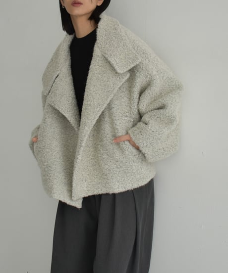 coat-02052　ウール混 ハイネック ブークレ ショート コート　ライトグレージュ　モカ