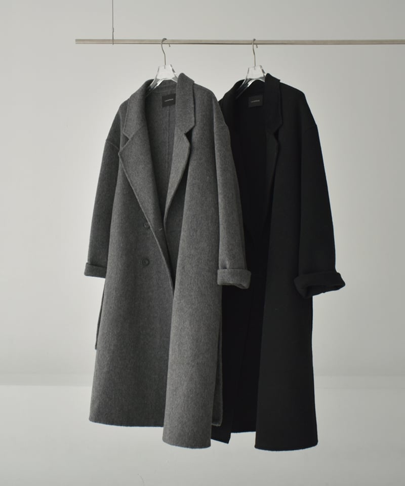 coat-02054 シャギー ウールコート リバー仕立て グレー ブラック | L
