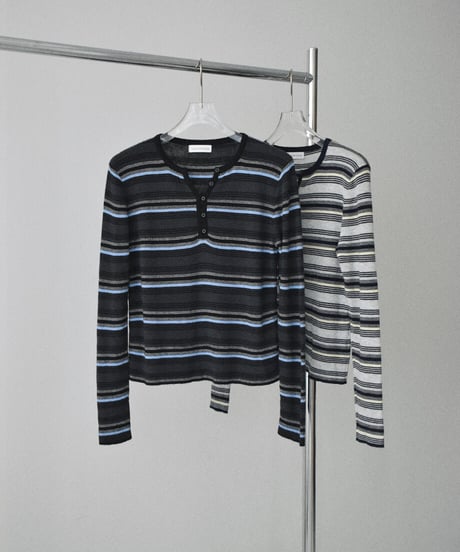 nh-knit-02394　マルチボーダー ヘンリーニットトップス　ライトグレー　チャコール