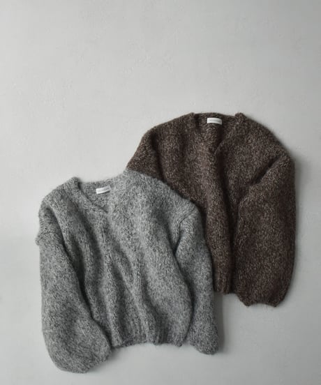 knit-02361　ボリュームスリーブ MIXカラー Vネック ニット　ブラウン　グレー