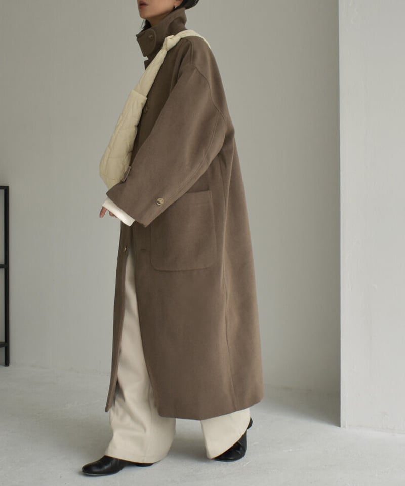 coat-12001 ウールブレンド ステンカラーコート ベージュ モカ