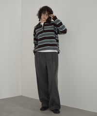 knit-02368　ポロカラー ボーダー ニット　グレー　ブラウン