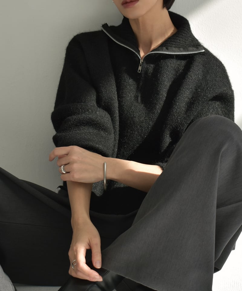 knit-02312 ハーフジップ ニット プルオーバー グレー ブラウン