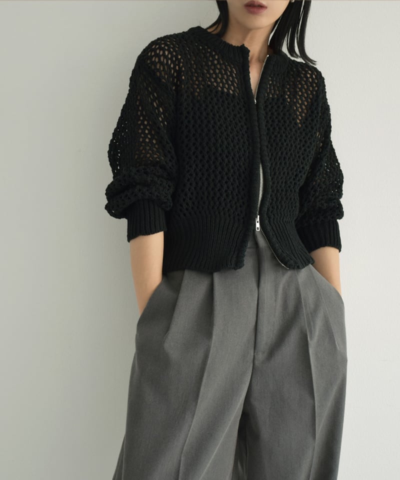 knit-02264 メッシュ ニット カーディガン モカ ブラック | L