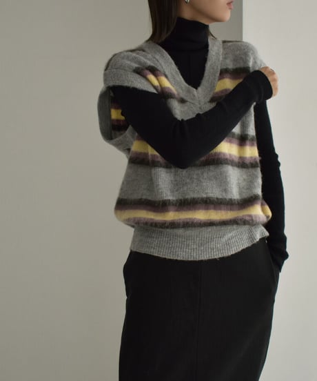 knit-02247　モヘア混 マルチボーダー Vネック ニットベスト