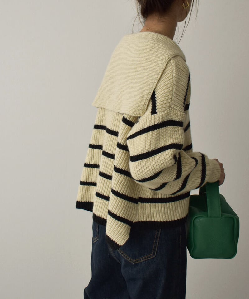 knit-02173 ボーダー セーラーニット エクリュ ブラック | L