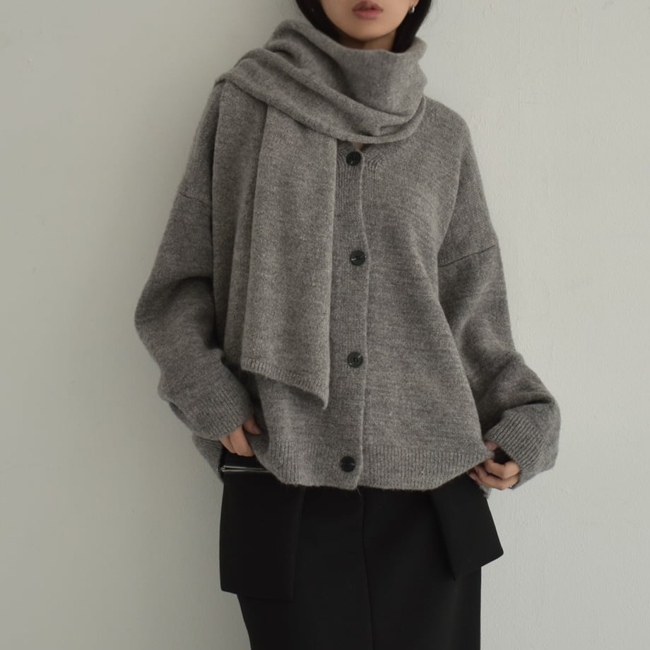 knit-02293 マフラー付き ニットカーディガン ブラウン グレー knit-02293 マフラー付き ニットカーディガン ブラウン グレー