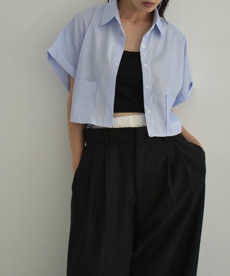 tops-02482　フロントポケット クロップドシャツ　ブルー　ブラック